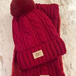 - UGG Winter Dark  Red Pom Pom hat & infinity scarf Set NWT